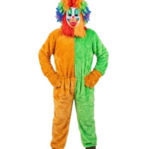 Colorful Furry Clown Mascot Costume – Split Orange & Green Body Suit